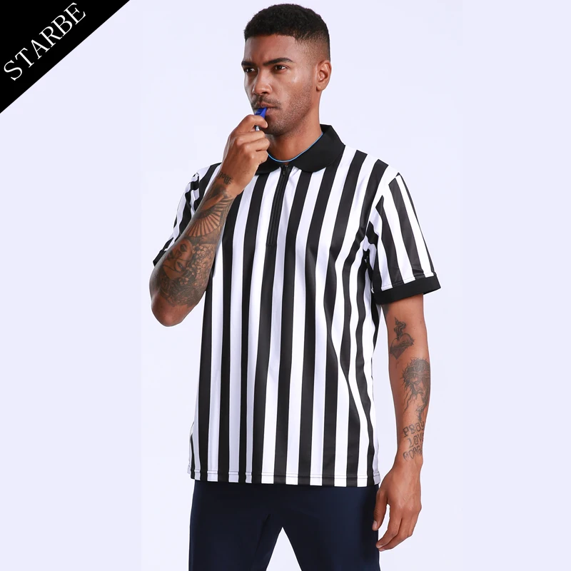 Men professional black white stripes breathable basketball referee shirt