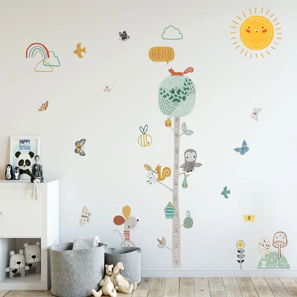 木製のビニール壁の装飾ステッカー,かわいいリスの形,寝室用,自己粘着性の高さ,取り外し可能な成長チャート,