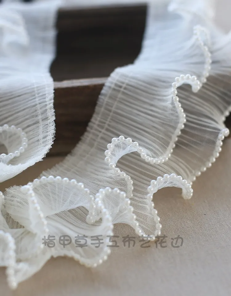 1Meter 10CM Wide White Black Beaed Lace Ribbon fabric Ruffle Trim Collar Sewing Clothing Skirt Headwear Guipure Decoration