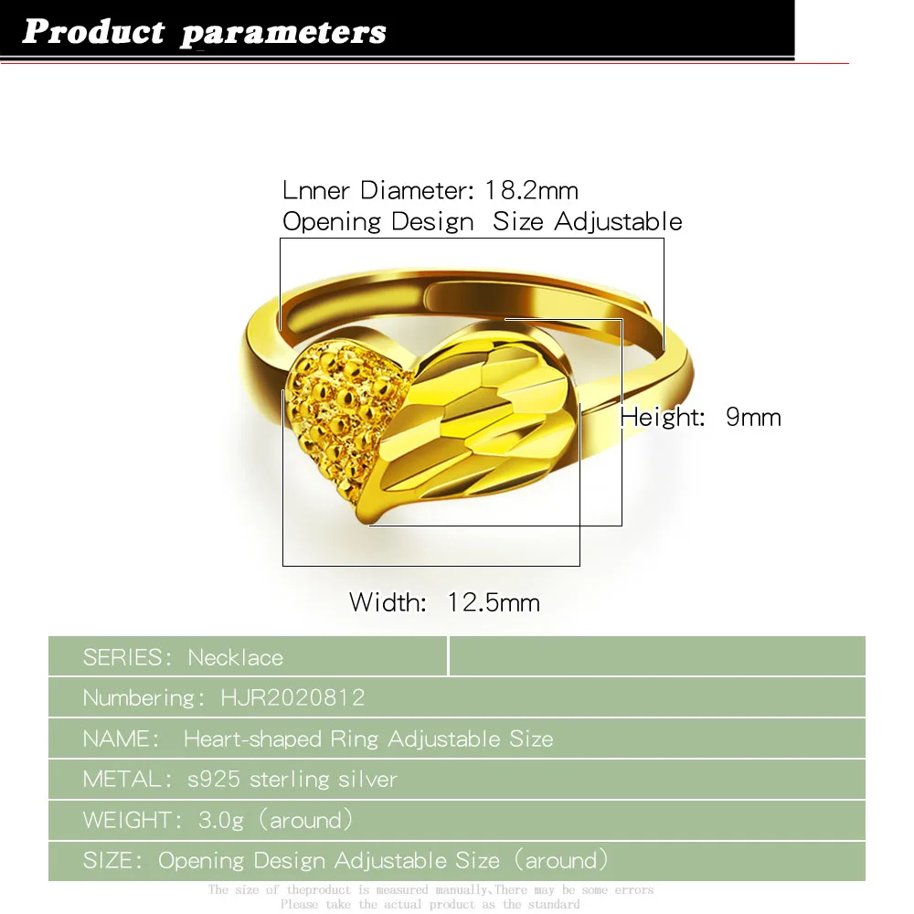 Fashion Elegant Heart Ring 925 Sterling Silver Index Finger Ring Women Golden Simplicity with Sophistication Jewelry Gift