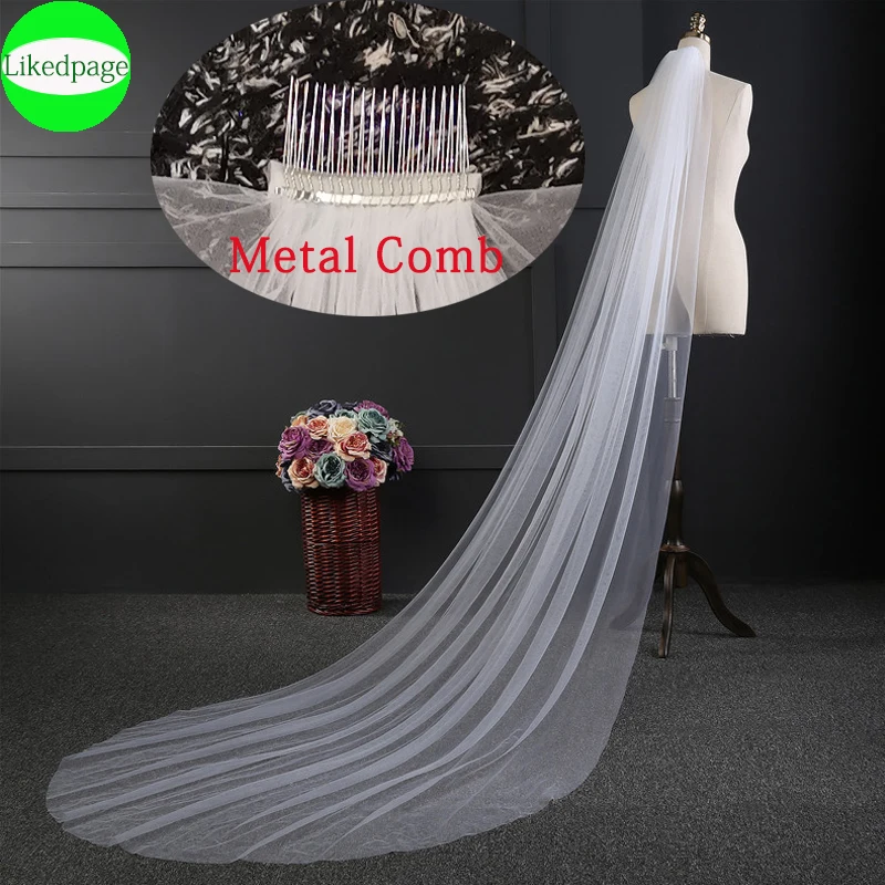 Long Wedding Veil Accessories 2021 with Metal Comb One Layer Bride Velo De Novia Largos Simple Mariage Welon Slubny Customsize