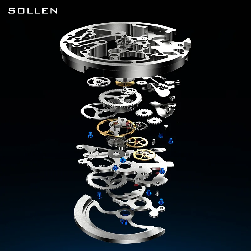 Switzerland Luxury Brand SOLLEN Automatic Mechanical Men‘s Watches Waterproof Dual Skeleton Luminous Hands Steel Clock SL316