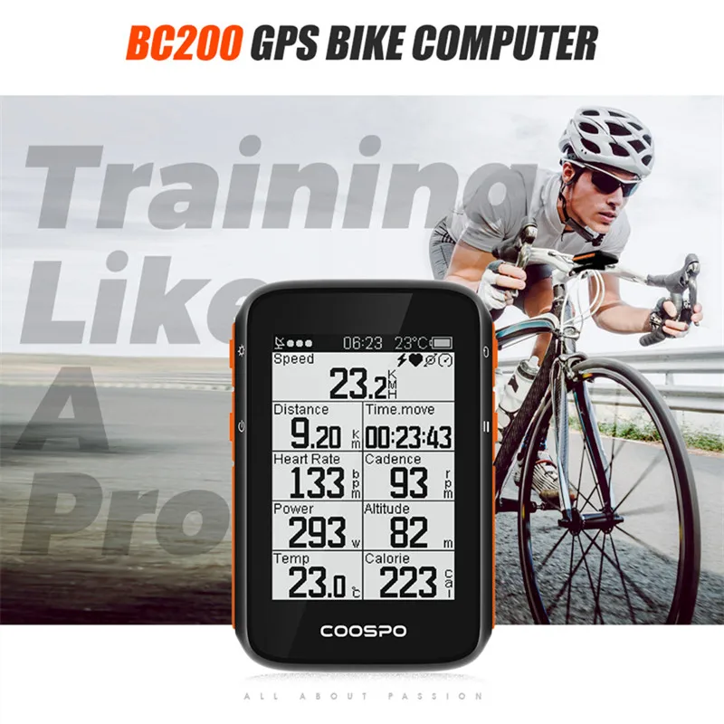 CooSpo 2.4 Inch Wireless Bike Computer BC200 Cycle GPS Speedometer Odometer BLE5.0 ANT+ APP Sync Sensor Waterproof with Bracket