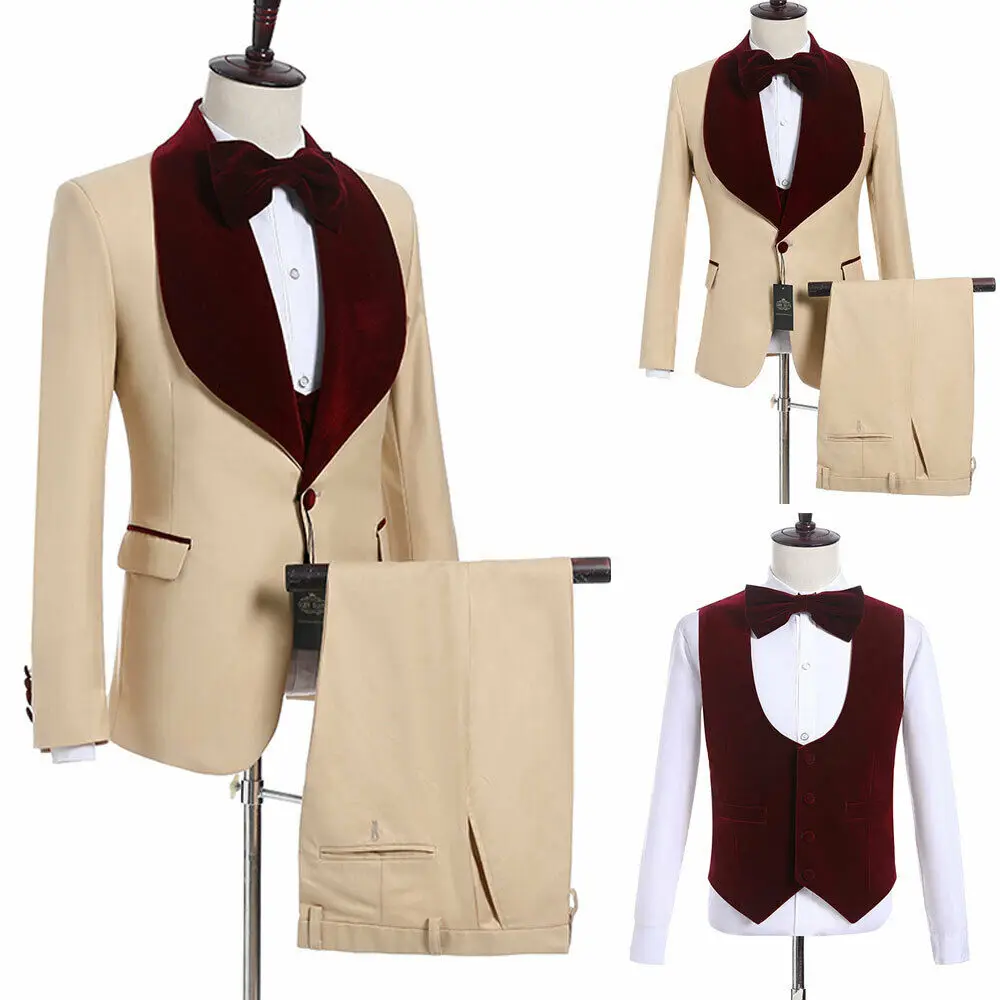 

TPSAADE Khaki Champagne Groomsmen Burgundy Shawl Lapel Groom Tuxedos Men's Wedding Prom Best Man Suits Costume Homme 3 Pieces