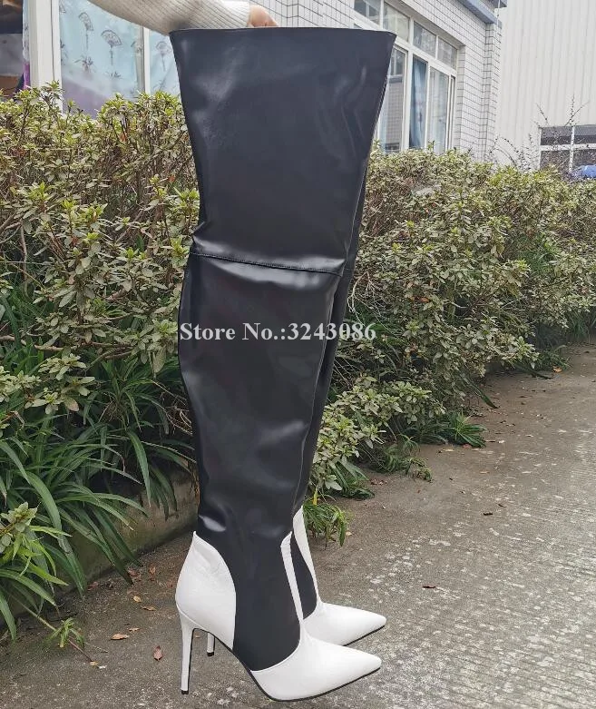 New Mixed Color Leather Thigh High Boots Woman Pointed Toe Stiletto Heel Over the Knee Long Boots Lady Real Photos Winter Shoes