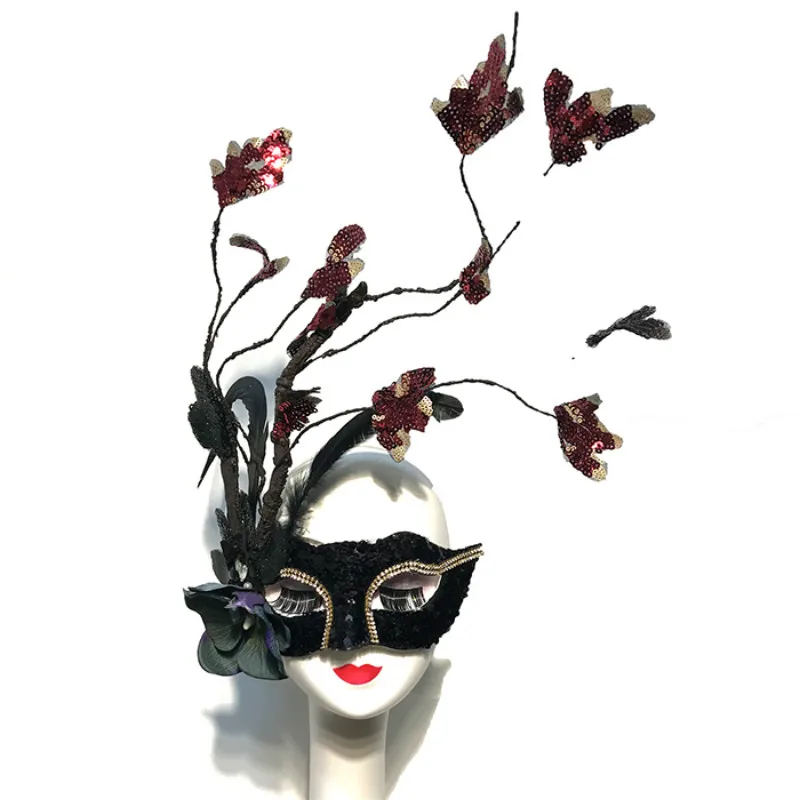 H3362 Black Sequins Lace Feather Mask Girl Halloween Christmas Party Ball Flower Branch Accessories Women Elegant Princess Masks