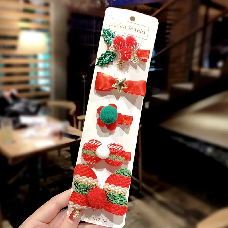 Lystrfac 5 Pcs/Set Gadis Lucu Pohon Natal Busur Rambut Jepit Rambut Anak-anak Manis Headband Rambut Klip Jepit Rambut Aksesoris