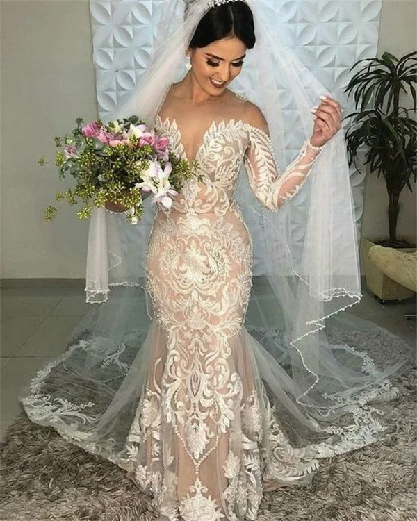 

Champagne Wedding Dresses Boho Elegant Lace Mermaid Bridal Gowns Illusion Neck Long Sleeves Country Garden Vestido De Noiva