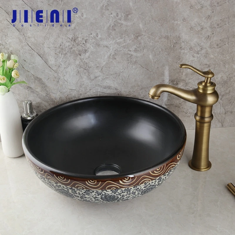 JIENI Ceramic Wash Basin Faucet Set Tranditional Bathroom Ceramic Round Sink Bacia Antique Brass Deck Mounted Tap Mixer Faucet