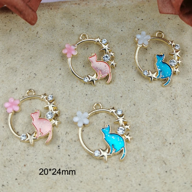 10pcs Rhinestone Wreath Cats Enamel Charms Metal Glitter Kitty Earrings Pendant Fit DIY Bracelet Fashion Jewelry Accessory Craft