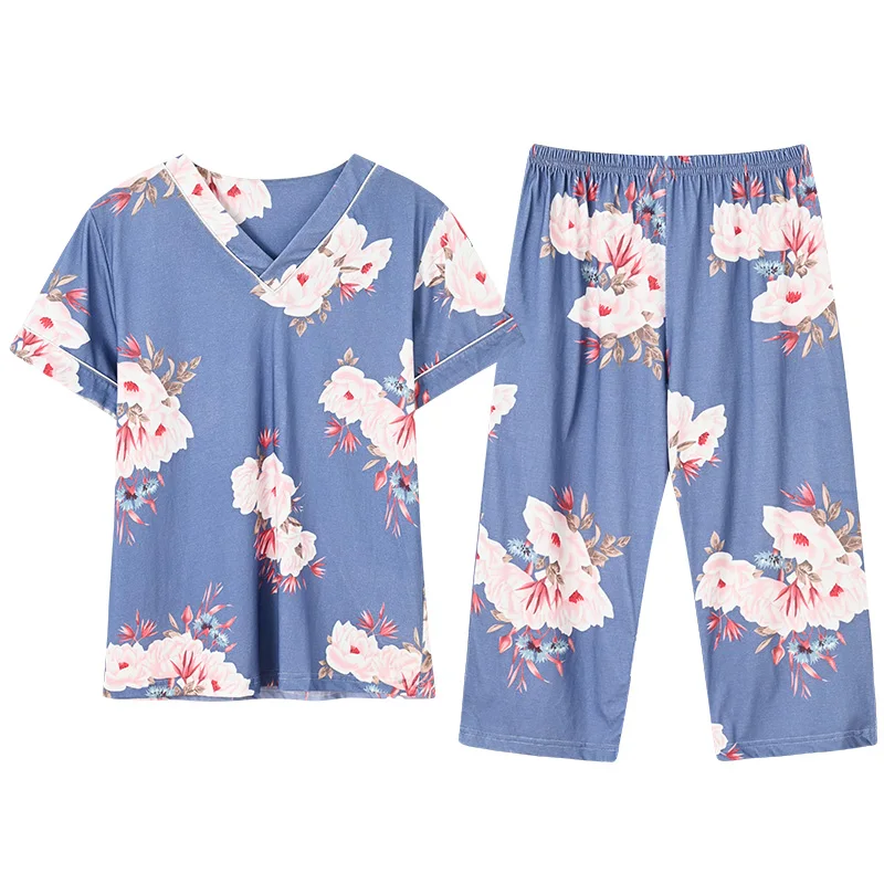 

Sleepwear Full Pure Cotton Summer Pajama Set Women Elegant Floral Printing Big Yards 3XL 4XL Women's Homewear Pyjamas Female