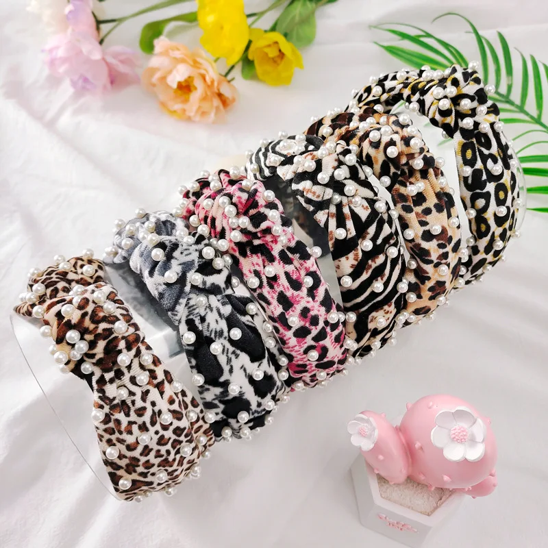 2021New fashion products Leopard flannel pearl knotted headband for Women Elastic Girl Hair Accessories Headwear