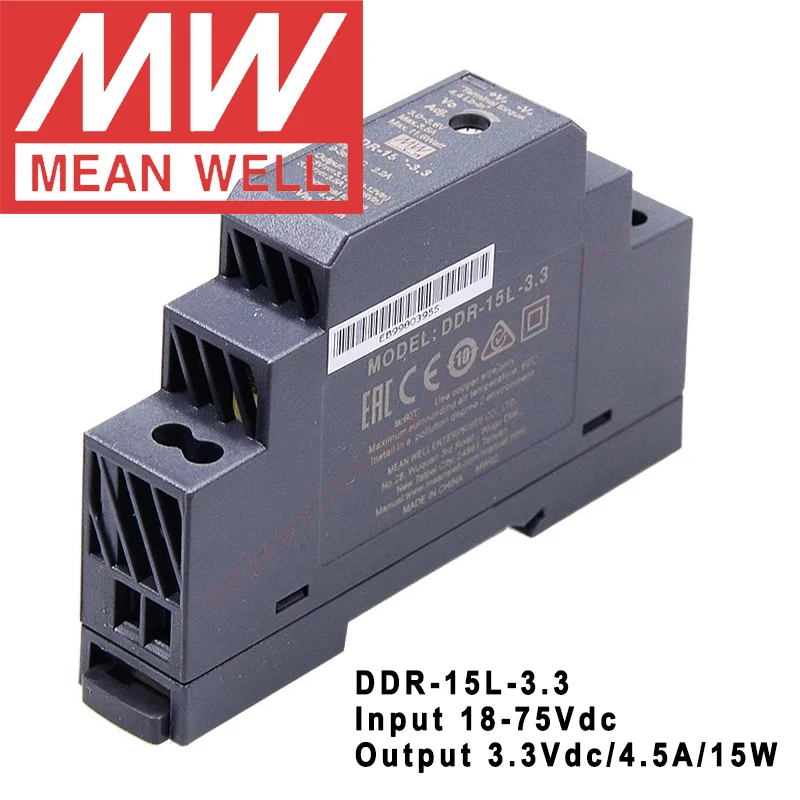 Original Mean Well DDR-15L-3.3 Din Rail Type DC-DC Converter meanwell 3.3V/3.5A/11.6W DC to DC Power Supply 18-75Vdc input