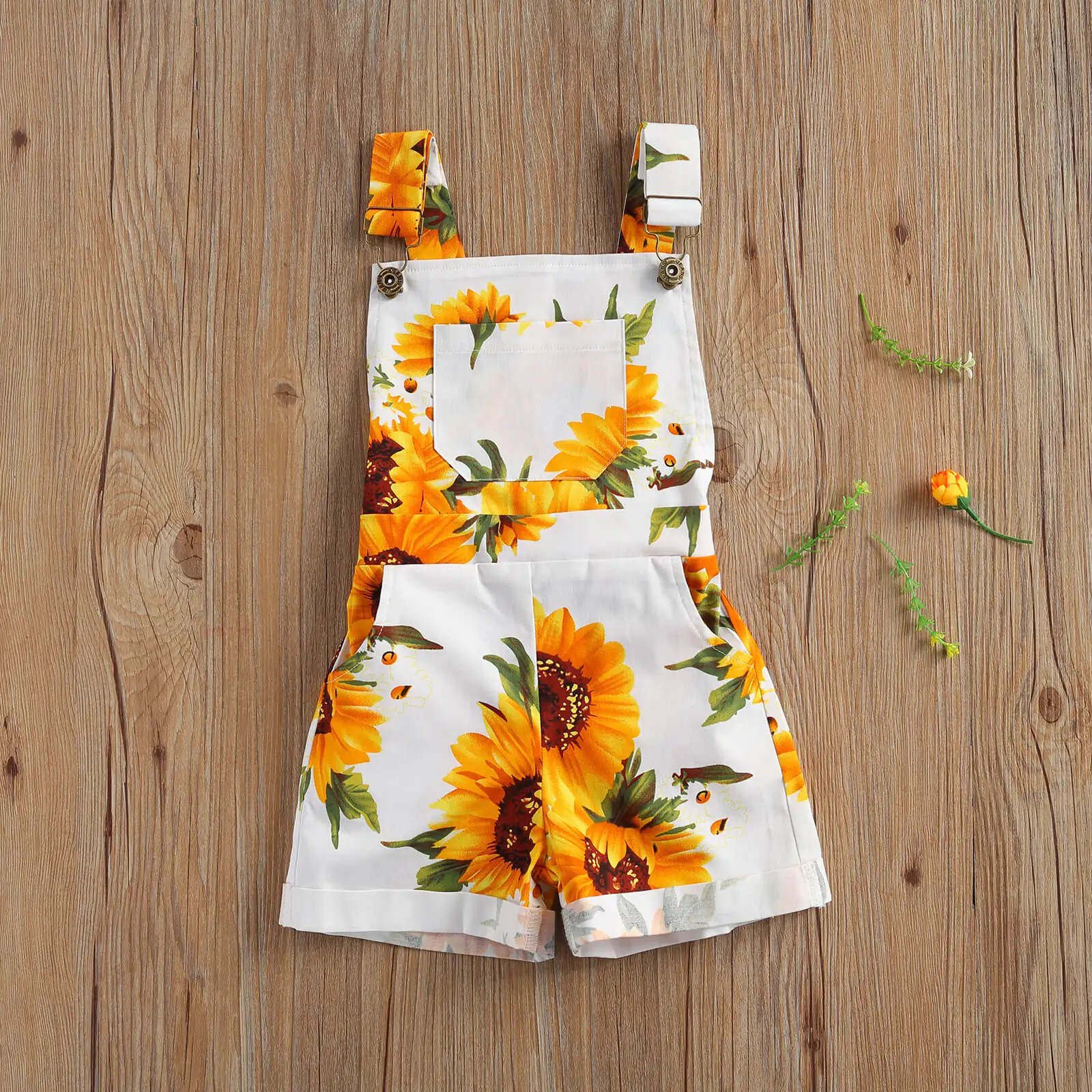 2020-12-05 Lioraitiin 2-7Years Toddler Girl's Pants Sunflower Print Suspender Shorts with Pockets Fashion Jumpsuit