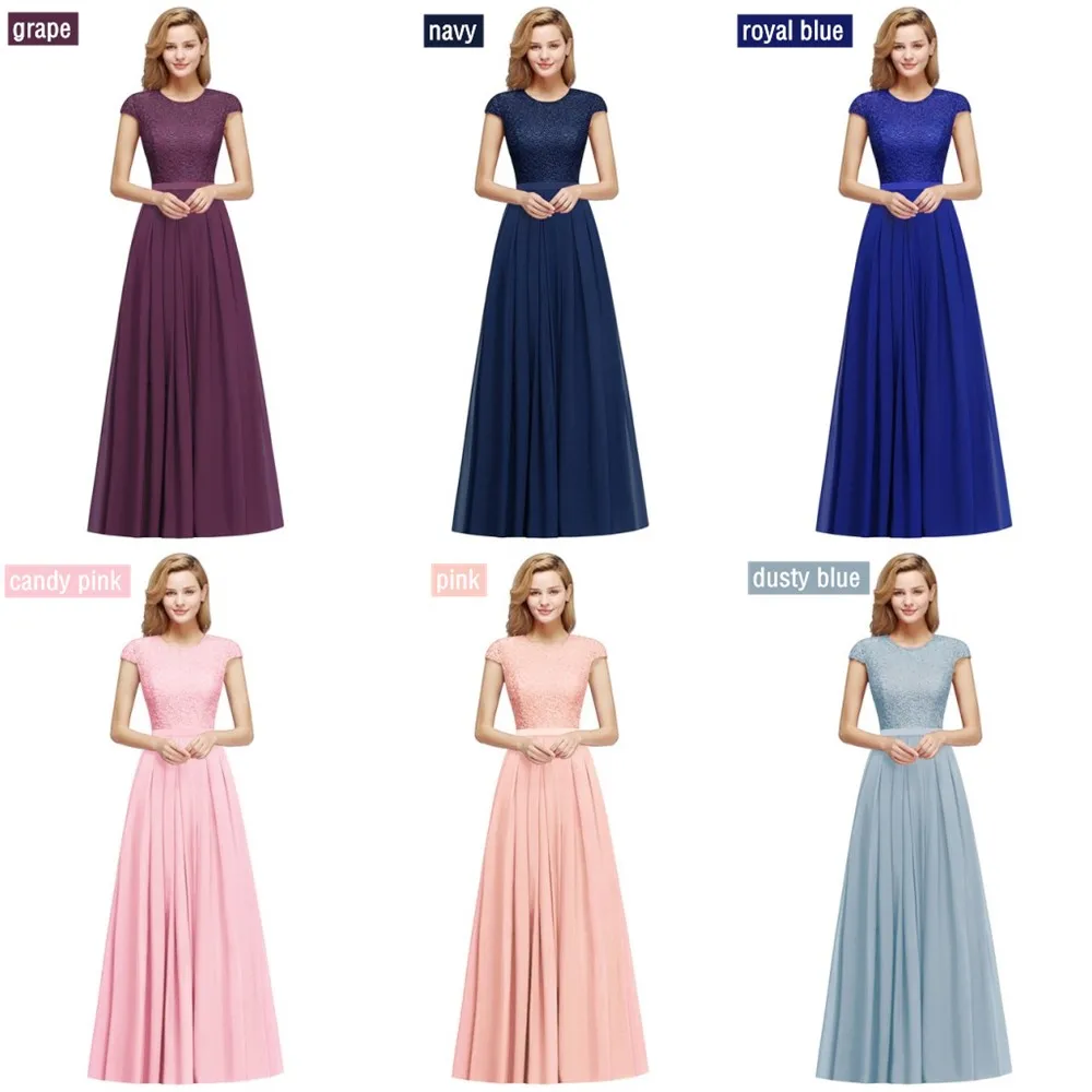 Popular Dusty Blue Lace Chiffon Long Bridesmaid Dresses Charming Short Sleeve Wedding Guest Dresses robe demoiselle d'honneur