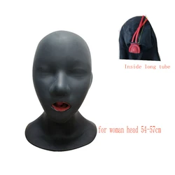 Seamless Hot 3D Latex Hood Rubber Mask Closed Eyes Fetish with Red Mouth Gag Plug Sheath Tongue Nose Tube Back Zipper for Women