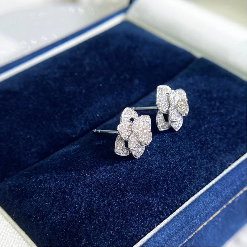 Aazuo Thực Vàng 18K Kim Cương Thật 0.45ct Cổ Điển 10MM Hoa Hồng Bông Tai Đinh Tặng Cho Nữ Cao Cấp Cưới đảng Au750