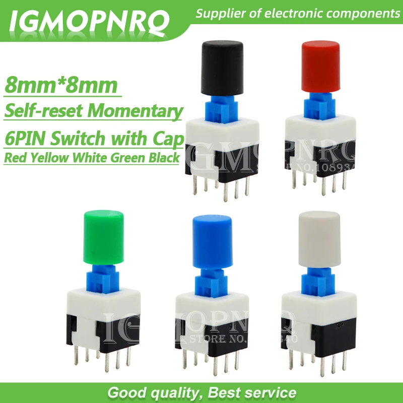 10Sets = 20PCS 8*8mm with cap Self reset Momentary Push Tactile Power Micro Switch Kit 6 Pin Button Switches 8x8mm