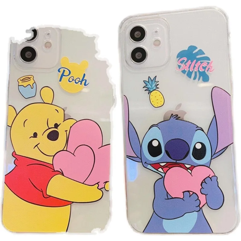 Capa de telefone preta de silicone da Disney Winnie The Pooh Stitch, capa para Apple iPhone 12 Mini 11 Pro XS MAX XR X 8 7 6S 6 Plus 5S SE