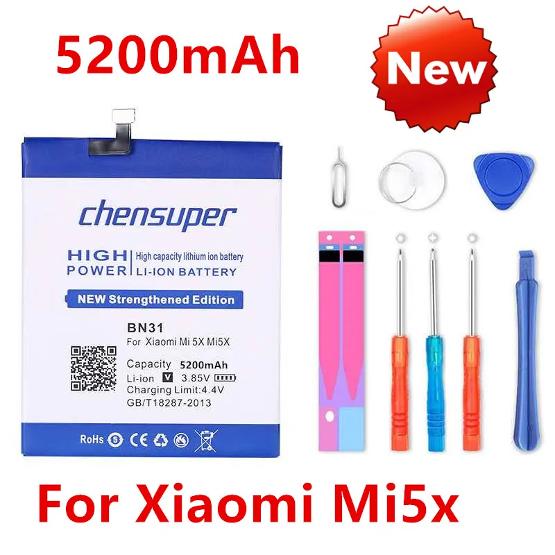 

2pcs/ chensuper BN31 Battery For Xiaomi Mi5x Mi 5X Mobile Phone Replacement Batteries 5200mAh High Capacity Free Tools