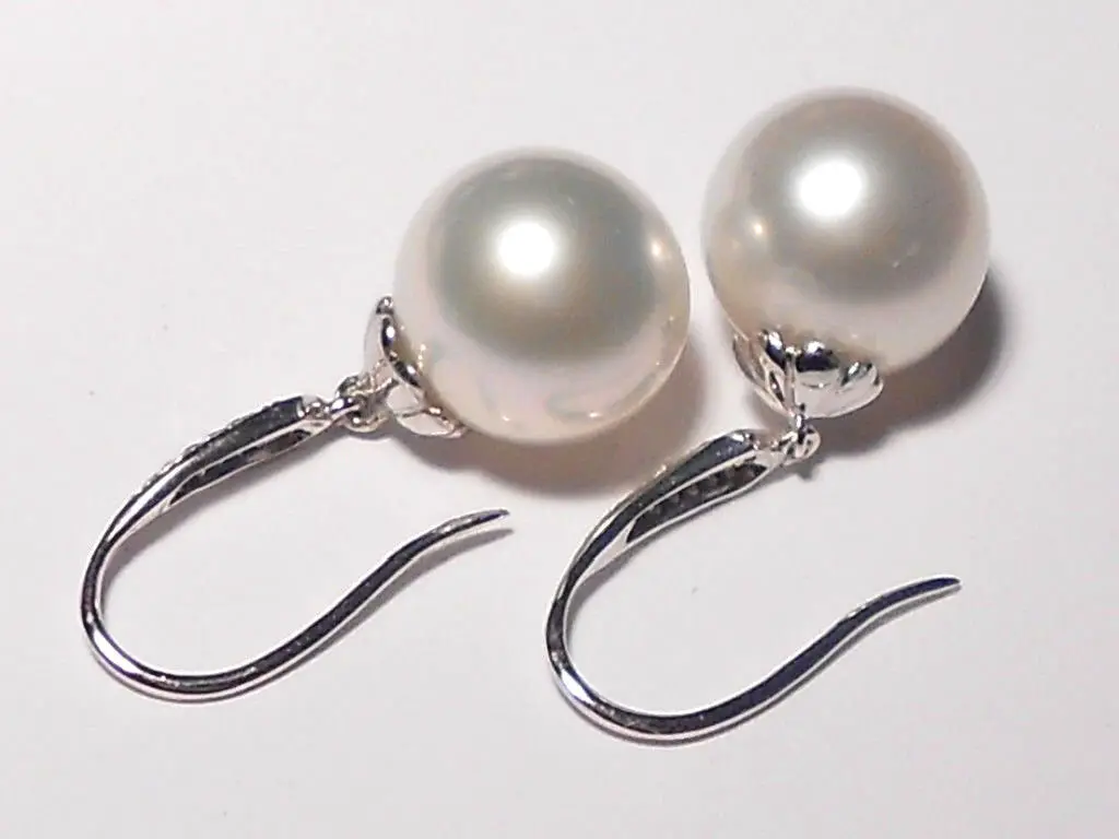 10--11mm white South Sea pearl dangle earrings, diamonds, solid 18k white gold.