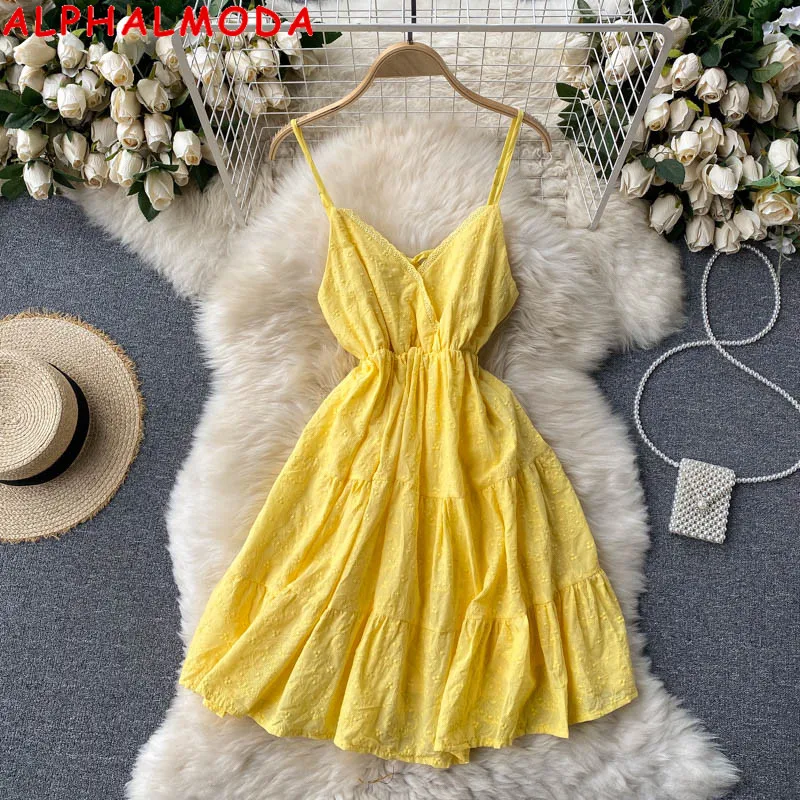 

ALPHALMODA 2021 Summer Solid Sweet Lace Short Dress Pullovers Backless Beach Dress Women Holidays Casual Dress