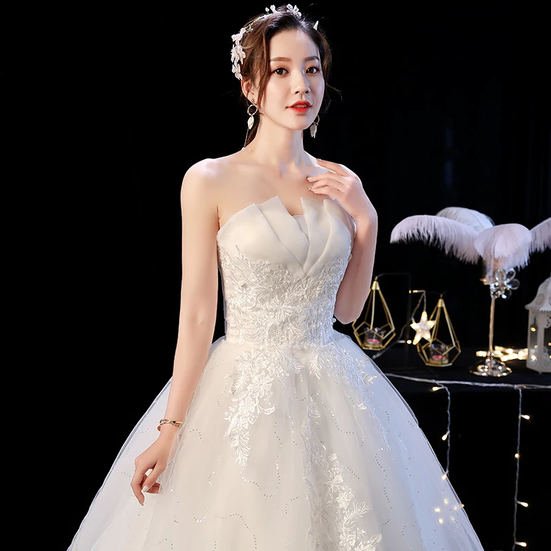 AnXin SH เจ้าหญิง ruffles ดอกไม้ลูกไม้สีขาว vintage strapless เซ็กซี่สีขาวชุดบอลชุดแต่งงานที่กําหนดเอง