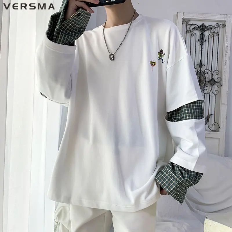 VERSMA Korean Ulzzang Plaid Patchwork Vintage Hoodie Sweatshirt Men Summer Streetwear Fake Two Piece Hoodies Male Dropshipping