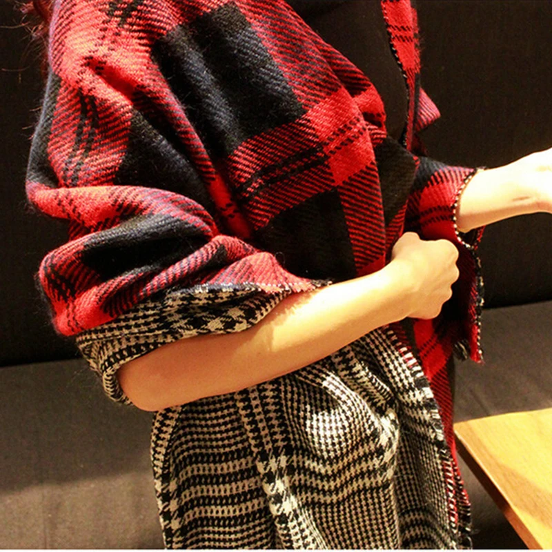 Women Red Faux Cashmere Shawl 2021 Double Faced Plaid Blanket Scarf New Winter Brand Scarf Celebrity Womens Fall Fashion Cape