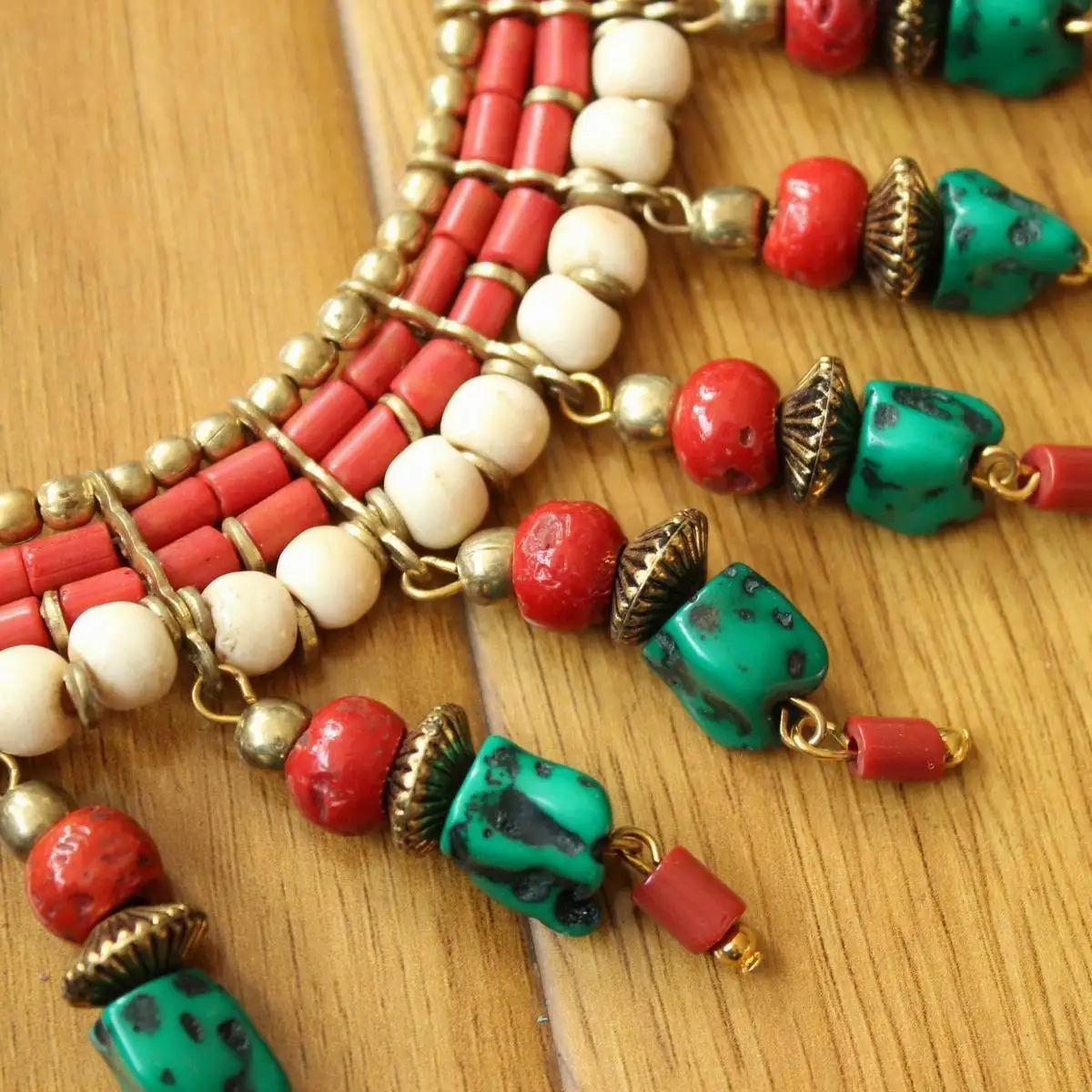 NK151 Tibetan Jewelry Handmade Nepal Brass Metal Coral Turquoises Colorful Beads Charm Necklace