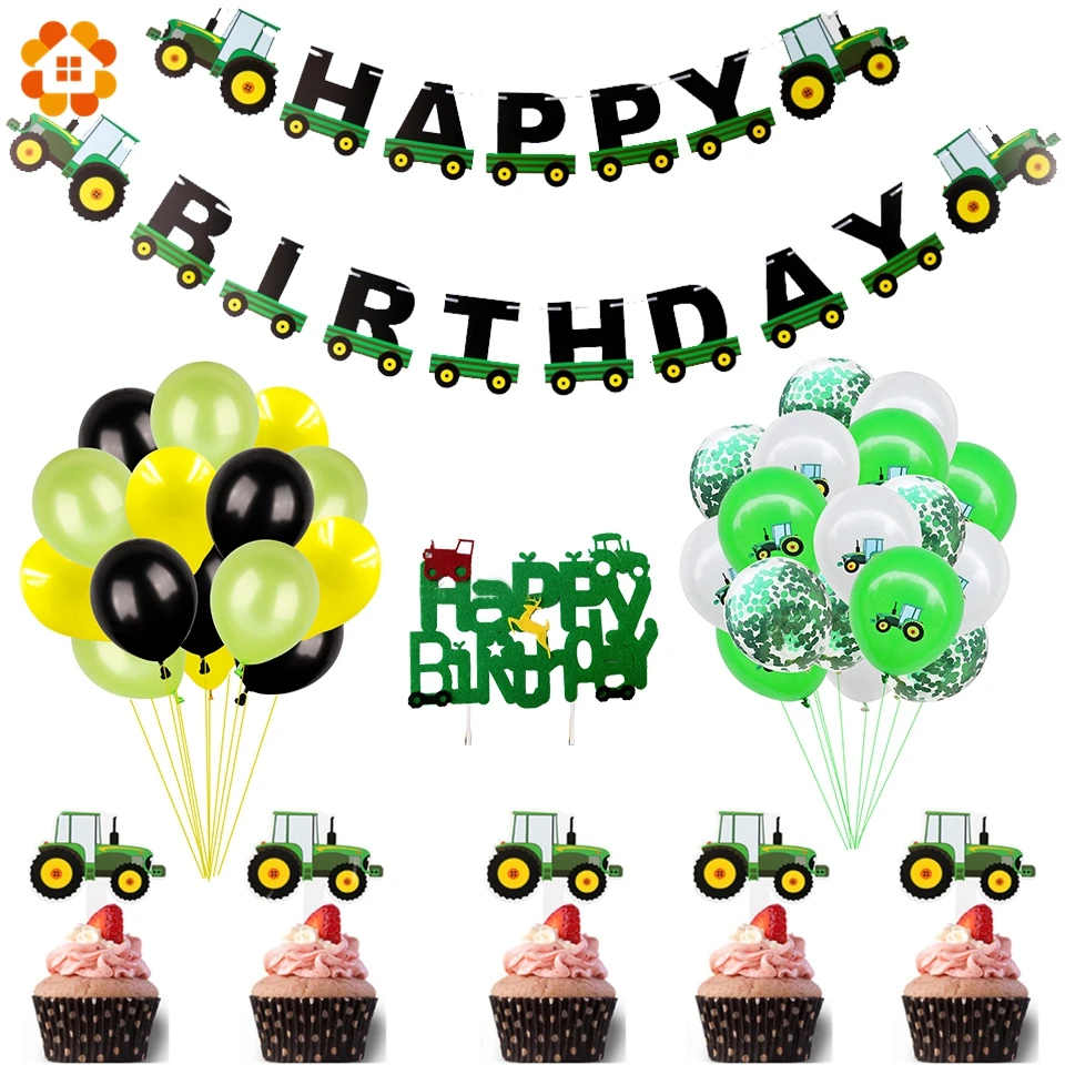 1Set Of Farm Theme Baby Age Decoration Construction Vehicle Happy Birthday Banner Truck Excavator Cake Decoration Tractor Party