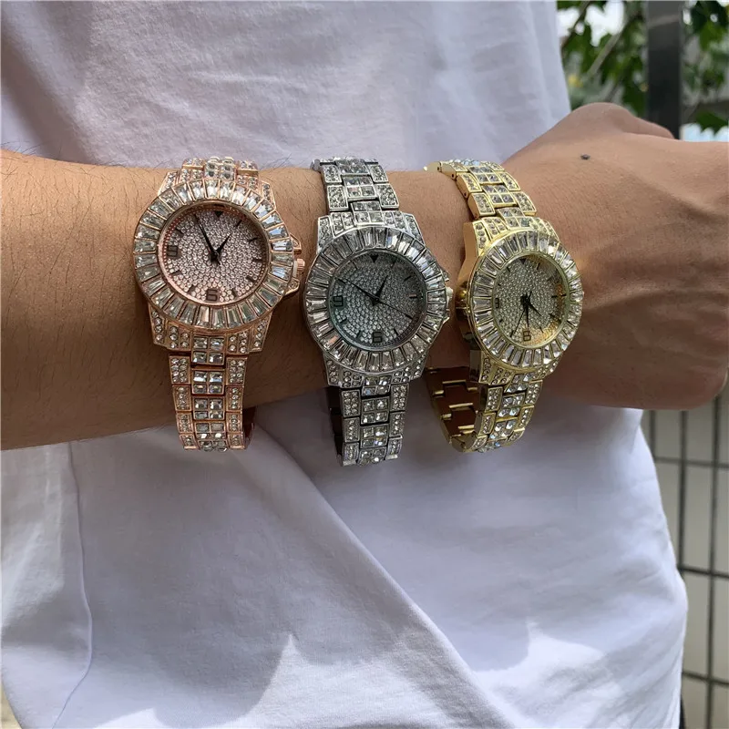 Hip Hop Luxury Mens Iced Out CZ Waterproof Baguette Watches Date Quartz Wrist Watches With Micropave Alloy Watch For Men Jewelry