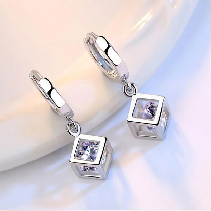 ANENJERY Fashion Cube Sparkling Zircon Pendant Dangle Earrings For Women Wedding Jewelry Christmas Gifts S-E228