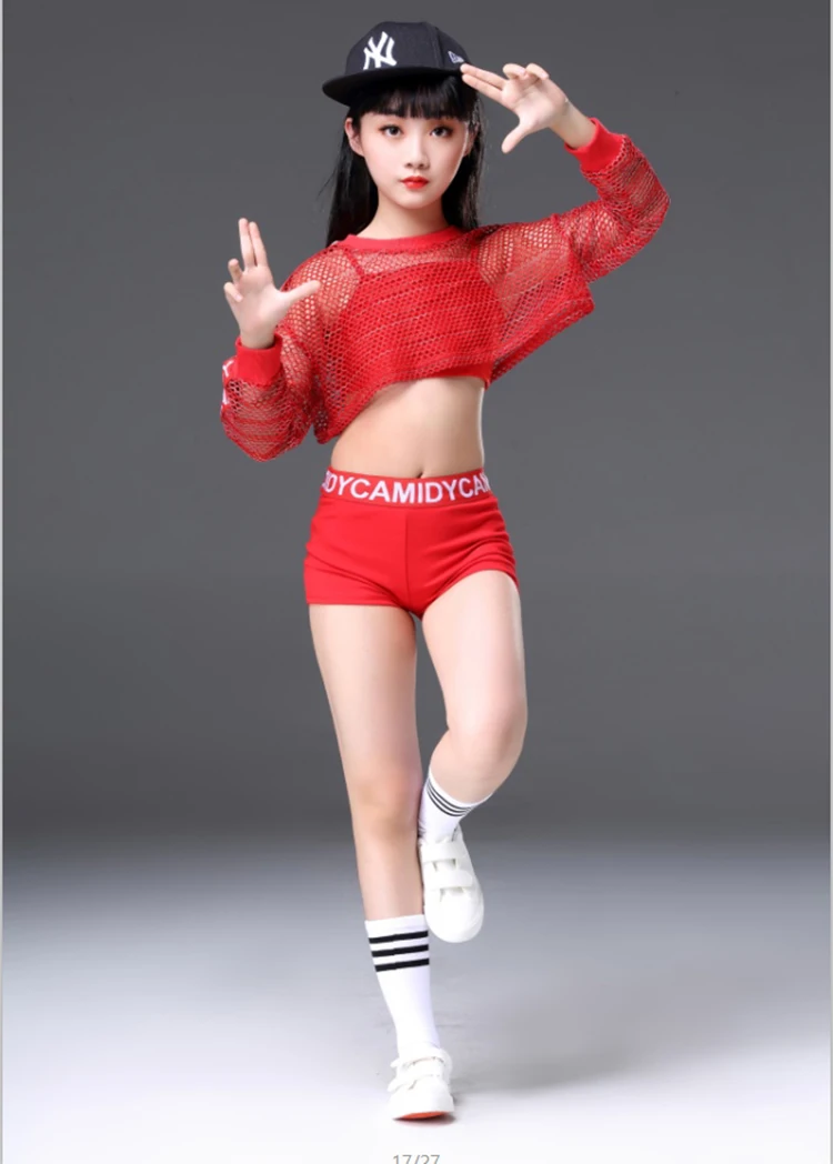 어린이 레드 재즈 댄스 의상 소녀 반짝이 Fishnet 커버 탑 스트레치 반바지 댄스 세트 힙합 현대 파티 무대 의상