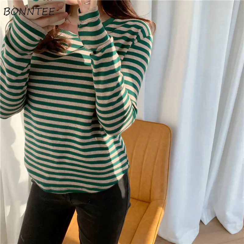 Long Sleeve T-shirts Women Striped Retro Fashion O-neck Cotton All-match Korean Style Loose Leisure Cozy Basic Chic Streetwear