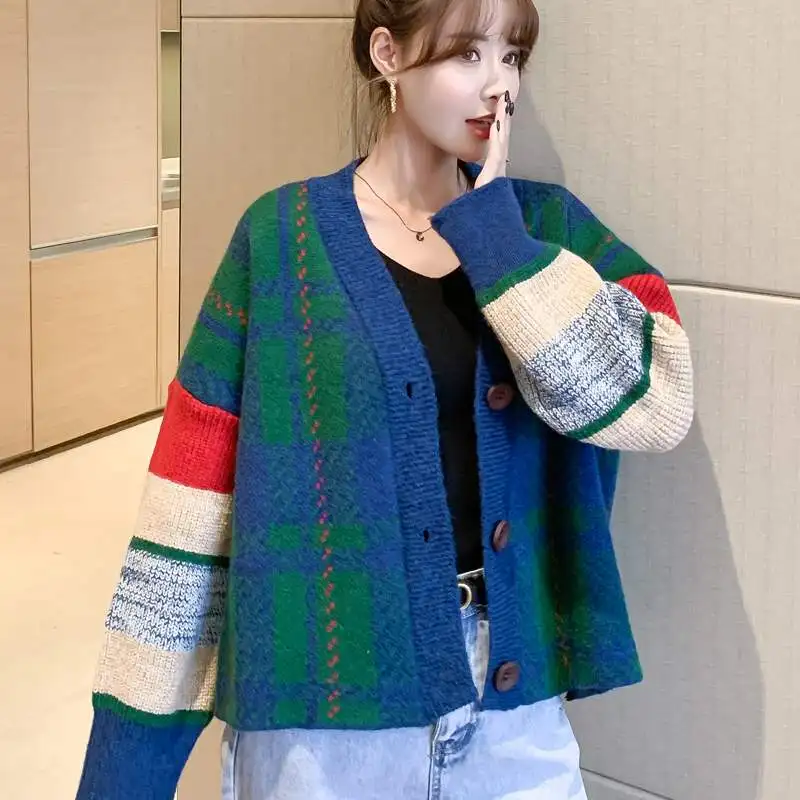 Knit Cardigan Autumn and Winter 2020 New Women Loose Outer Wear Short Sweater Coat V-neck Stitching Pattern Tops Yellow Green