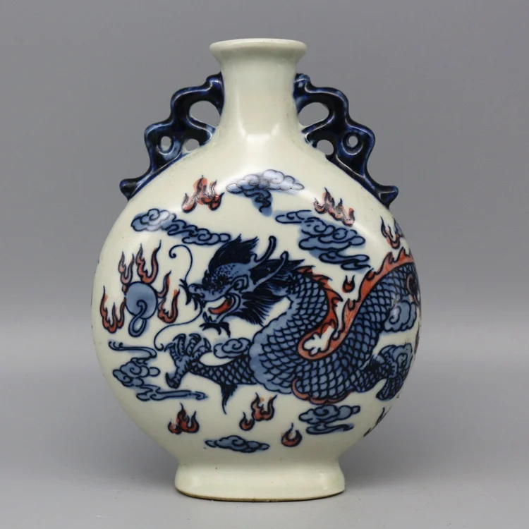 Collection of blue and white vase with red dragon pattern and double ears Qianlong year mark of Qing Dynasty