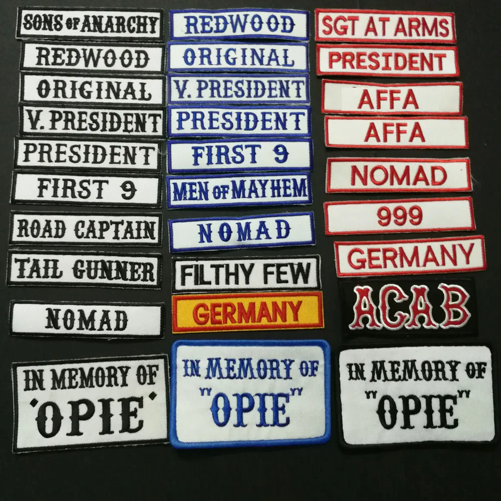 SONS OF NOMAD ORIGINAL V PRESIDENT REDWOOD FRIST 9 IN MEMEORY OF OPIE ACAB AFFA Embroidered ANARCHY PATCHES applique BADGES