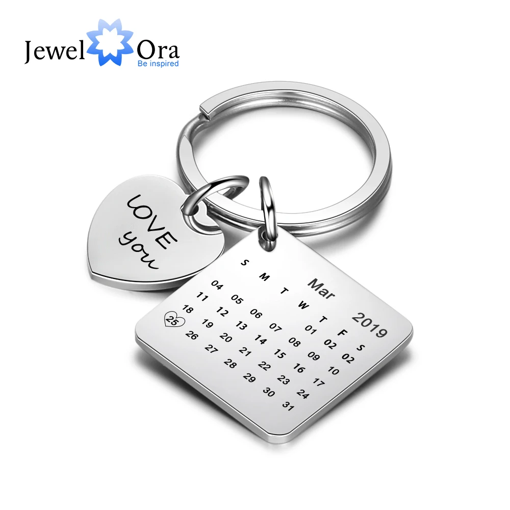 

Personalized Engraving & Date Keychains for Ladies Stainless Steel Custom Calendar Keyring with Heart Valentines Day Gift