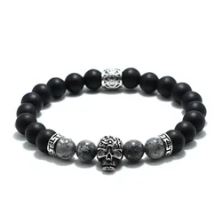 Vintage Skull Bracelet For Men 8mm Black Onyx Stone Beaded Braslet Gothic Pirate Braclet Birthday Present For Boyfriend Pulseras