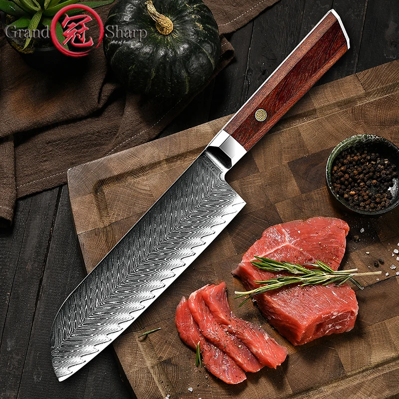 Grandsharp 6.7 Inch Japanese Santoku Knife Chef Knife VG10 Damascus Steel Rosewood Handle Kitchen Cookware Salmon Sashimi Knives