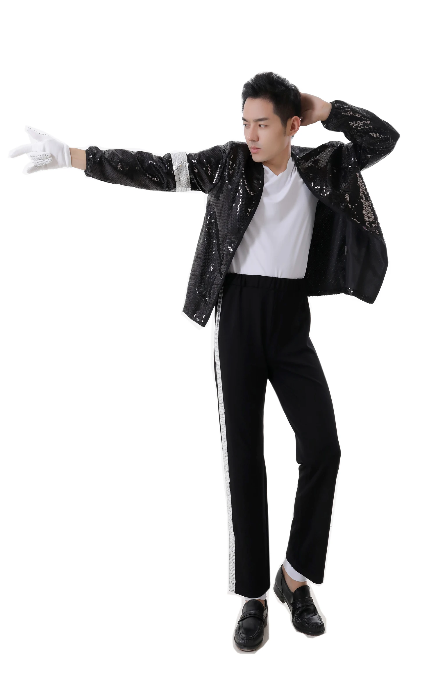 

New Michael Jackson Billie Jean Suits Sequin Kids Adults MJ Jacket+Pants+Glove+Socks Show Black Sequined Pacthwork