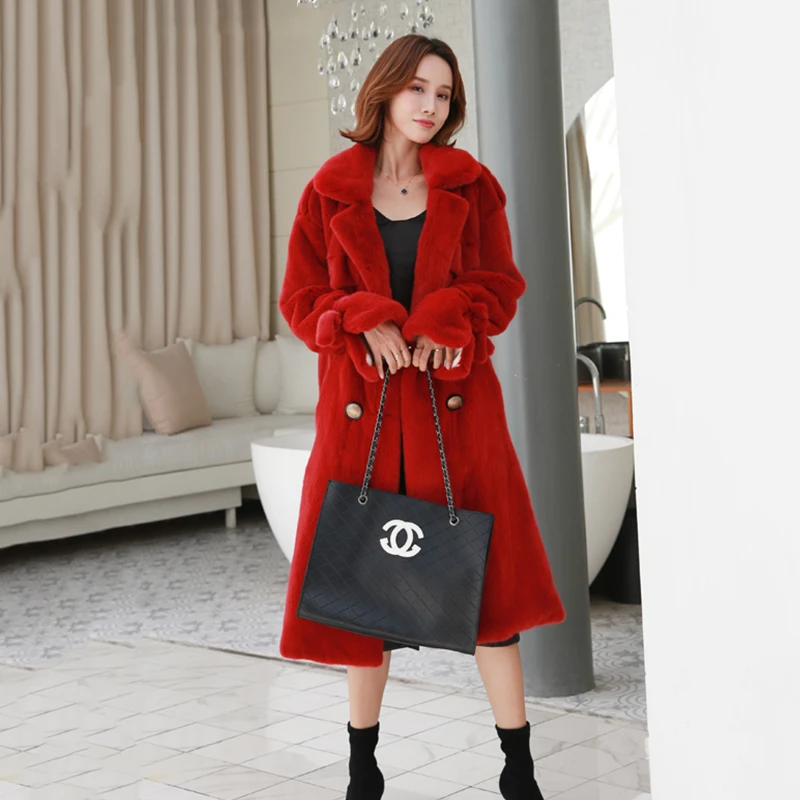 Ftangaiur New Winter Import Velvet Mink Fur Coat For Femal With Sashes Red Natural Fur Coats Women X-Long Real Mink Fur Coats