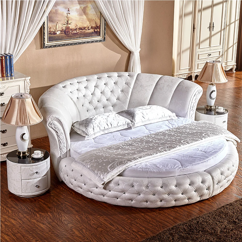 Genuine Leather multifunctional bed frame Nordic camas ultimate bed round bed night stands with crystal buttons white color