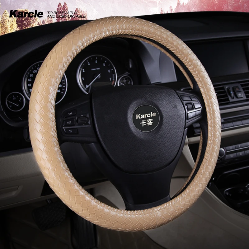 

Karcle PU Leather Car Steering Wheel Cover Wheel Sleeve Protector Weave Pattern Anti-Slip Universal 15 Inch Car Styling