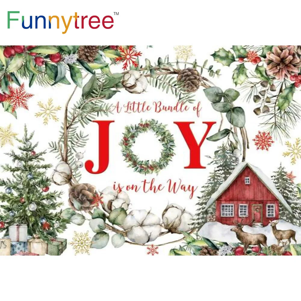 

Funnytree Baby Shower Winter Christmas Party Background Barn Wreath Snowflake Leaves Birthday Trees Cotton Photophone Backdrop