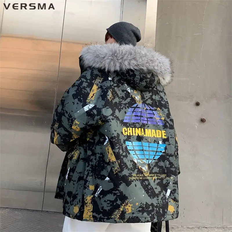 VERSMA Japanese Harajuku Camouflage Graffiti Print Parka Men Women Winter Hooded Fur Collar Cotton Padded Oversoze Parkas Jacket