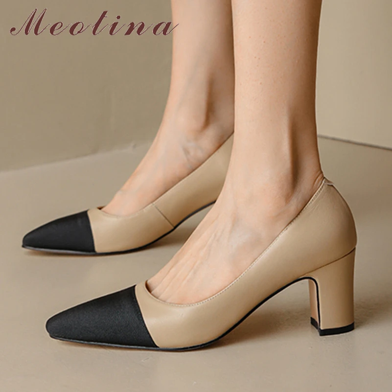 Meotina Genuine Leather Women Thick Heels Pumps Square Toe Fashion High Heel 6cm Ladies Footwear Spring Apricot 42 Cow Leather