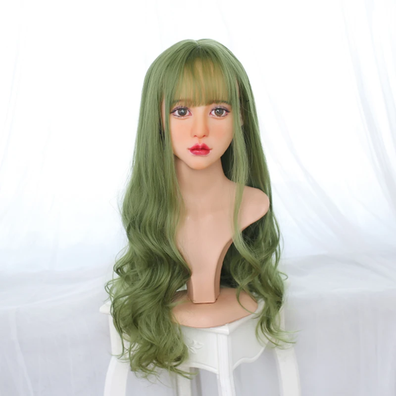 GAKA Synthetic Hair Green Long Curly Wigs With Bangs For Women Heat-Resistant Cosplay Wig