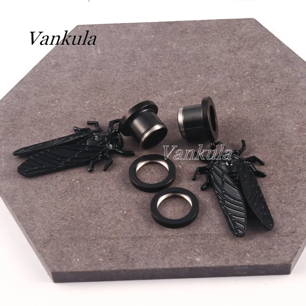 Vankula 2PCS Stainless Steel Black Ear Plugs Tunnels Dangle Earrings Ear Gauges Expander Hanger Trendy Gift For Woman